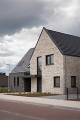 A stylish modern residential building featuring contemporary architecture stands gracefully in a suburban neighborhood under overcast skies