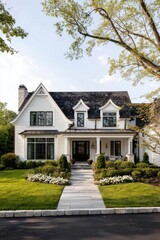 Naklejka premium The modern farmhouse design stands out beautifully against the backdrop of lush greenery and a winding pathway, all bathed in the warm glow of a sunny day in a charming suburban neighborhood