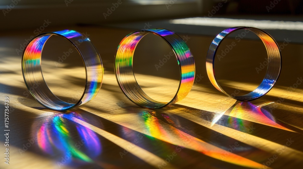 Wall mural laser interference patterns creating diffraction ring patterns through optical glass cylinders with 