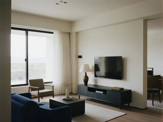 A modern living room featuring a large window, comfortable sofa, chair, TV, and stylish decor for a cozy and elegant space.