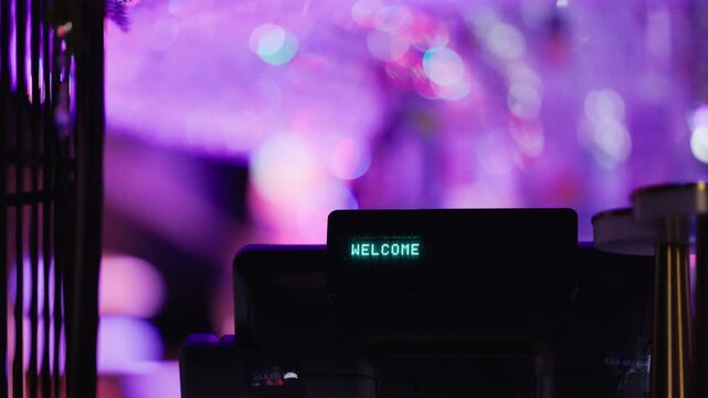 Welcoming store entrance, Cashier station features friendly greeting in warm lighting visuals