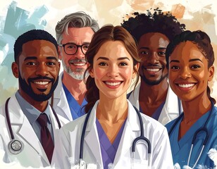Diverse medical professionals smiling, wearing white coats and scrubs