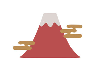 赤く染まった富士山と金色の雲が描かれた華やかで可愛い和風イラスト