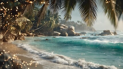 Beach scene with a palm tree in the background. The water is calm and the sky is clear