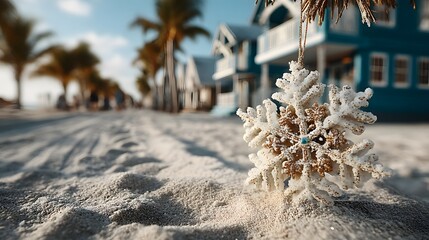 Snowflake is on the sand next to a beach. The snowflake is surrounded by sand and the beach is empty