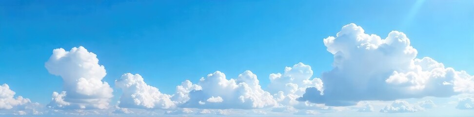 Fototapeta premium Vast expanse of a vibrant blue sky partially veiled by fluffy white cumulus clouds, offering a serene and peaceful atmosphere Perfect for weather, nature, and tranquility themes , horizon, texture