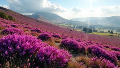 Vast expanse of vibrant purple heather blooming across a moorland hillside, bathed in soft sunlight Wildflowers, natural beauty, tranquil landscape , scenery, blossom