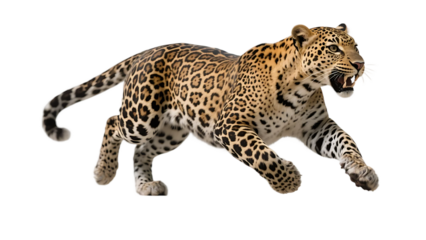 A leopard in full stride, displaying its striking spotted fur and powerful movement in a natural setting.