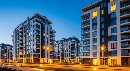 A photograph of modern, luxury apartment buildings at dusk