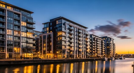 A photorealistic image of a waterfront apartment district at dusk, modern architecture and warm reflections on the water.