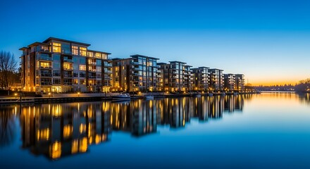 A photorealistic image of waterfront condos illuminated in the evening, reflecting on calm river water.