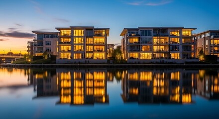 A photorealistic image of waterfront condos illuminated in the evening, reflecting on calm river water
