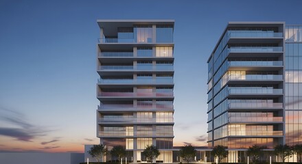 A sleek minimalist residential tower with clean lines and glass balconies, twilight light creating soft reflections.
