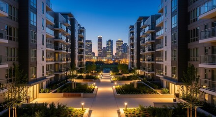 Contemporary apartment complex with landscaped courtyards, lit pathways, and a twilight city skyline in the background