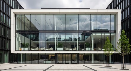 Contemporary business center with large glass windows and minimalist desig