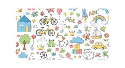 Childrens Drawings Seamless Pattern with Animals and Objects on Black Background