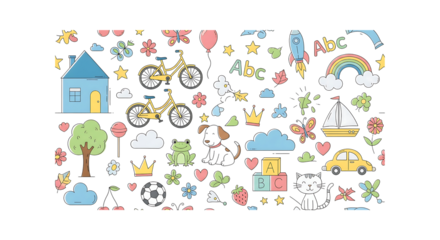 Childrens Drawings Seamless Pattern with Animals and Objects on Black Background