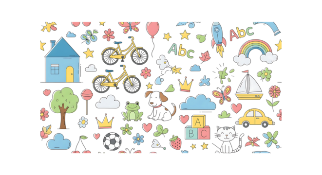 Childrens Drawings Seamless Pattern with Animals and Objects on Black Background
