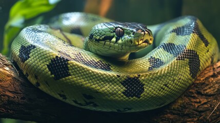 Obraz premium Curled green anaconda with distinct black spots a large non venomous snake species