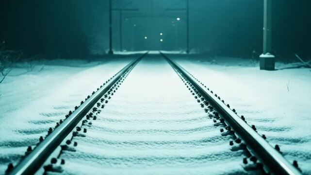 Snowy railway track perspective: winter night journey illuminated by distant lights. 4k Video footage