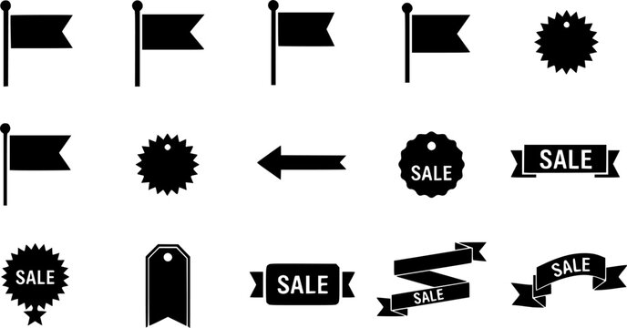 Minimalist Sale Banners and Price Tags Black Silhouette Vector Set: Flag Banners, Ribbon Shapes, and Stars for Boxing Day Graphic Design.	