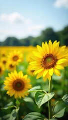 Fototapeta premium Vibrant yellow sunflowers in full bloom, swaying gently in a summer breeze A field of sunshine, capturing the beauty of nature's artistry , countryside, nature