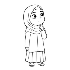 Cute Muslim Girl in Hijab Looking Up Thoughtfully Line Art