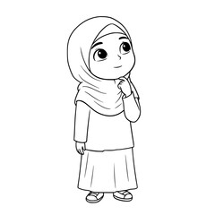 Cartoon line art illustration of a thoughtful Muslim girl in a hijab