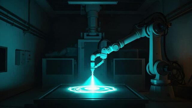 Robotic arm engraving vivid patterns with laser in hightech workshop. 4k Video footage