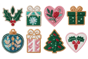 Set of embroidered Christmas patches featuring festive designs like holly gifts and ornaments perfect for holiday crafts and apparel embellishments