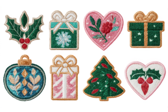 Set of embroidered Christmas patches featuring festive designs like holly gifts and ornaments perfect for holiday crafts and apparel embellishments