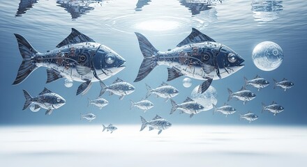 Mechanical Silver Fish School Swimming Underwater Futuristic Ocean Concept