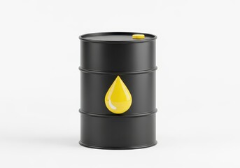 A black oil barrel with a yellow drop symbol on it, isolated on white background