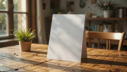 An A4 paper mockup placed on a warm wooden table, slightly angled to add depth, with sunlight creating a cozy and inviting workspace. Generative AI
