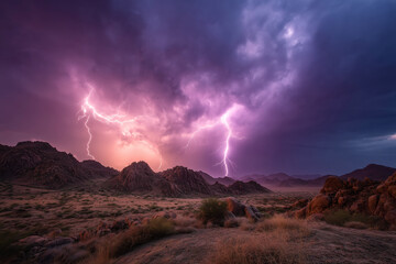 Panoramic Desert Lightning Storm with Bolts Striking Distant Rocky Formations Under Stormy Purple Sky, Dramatic Weather, Thunderstorm, Arid Landscape, Extreme Nature, Scenic Desert, Storm Photography