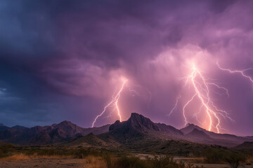 Panoramic Desert Lightning Storm with Bolts Striking Distant Rocky Formations Under Stormy Purple Sky, Dramatic Weather, Thunderstorm, Arid Landscape, Extreme Nature, Scenic Desert, Storm Photography