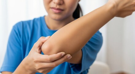 Tennis elbow. The girl grabbed her elbow from the sharp pain. Sports injury.