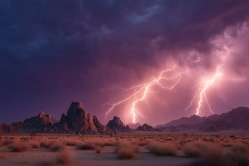 Panoramic Desert Lightning Storm with Bolts Striking Distant Rocky Formations Under Stormy Purple Sky, Dramatic Weather, Thunderstorm, Arid Landscape, Extreme Nature, Scenic Desert, Storm Photography