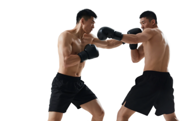Two shirtless men engaged in a boxing match wearing black gloves, demonstrating physical strength and combat skills.