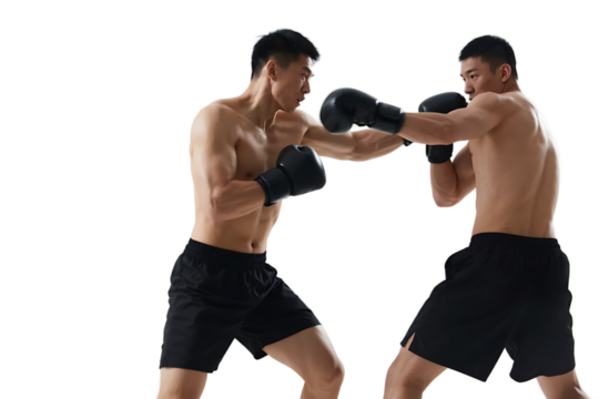 Two shirtless men engaged in a boxing match wearing black gloves, demonstrating physical strength and combat skills.