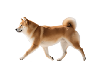 A Shiba Inu dog is seen walking with a graceful posture, showcasing its beautiful coat and lively demeanor.
