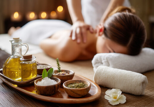 Masaje relajante de spa con aceites, toallas, flores y luz suave para un bienestar completo. Evoca armon&iacute;a, purificaci&oacute;n interior y un refugio sereno del ritmo de vida acelerado.