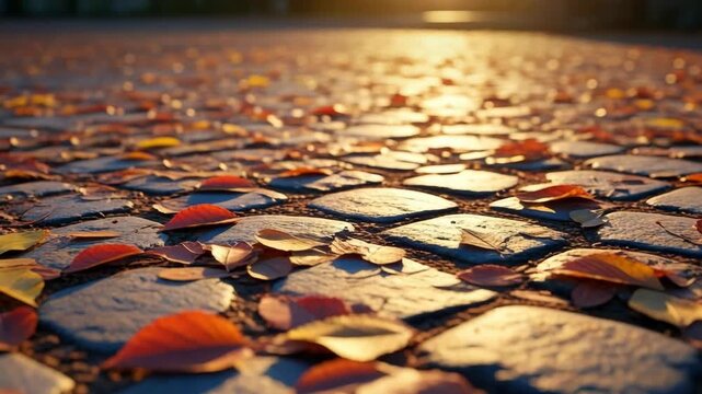Golden sunset illuminating autumn leaves on cobblestone path. 4k Video footage