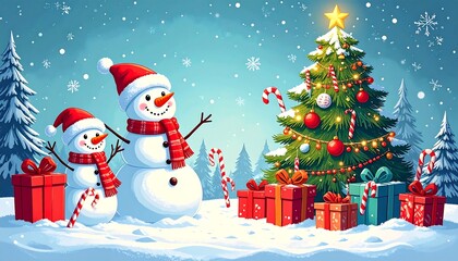 Festive winter scene with snowmen, decorated tree, and wrapped gifts