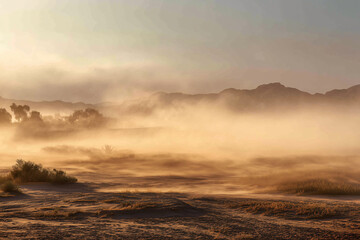 Fototapeta premium Dense Fog Rolling Over Sunbaked Desert Plain During Rare Heatwave, Golden Light Filtering Through Thick Mist, Cracked Earth Below, Arid Landscape, Extreme Weather, Dry Desert Environment