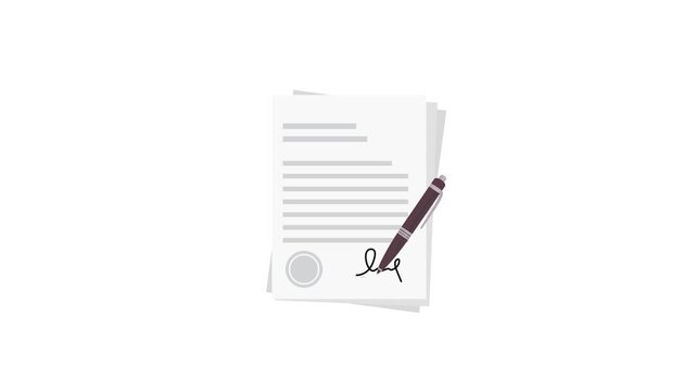 Document signing flat illustration animation with pen motion and layered papers on white background and green screen. 4K animated signing for business contract, agreement, and motion graphics.