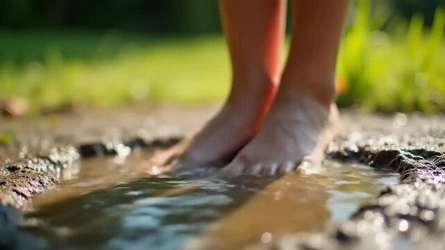 Childs Bare Feet Splashing in Puddle.