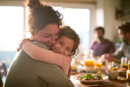 Madre e hija sonrientes abraz&aacute;ndose tiernamente en una casa luminosa. Amor puro y conexi&oacute;n familiar, capturando un momento de genuina calidez.