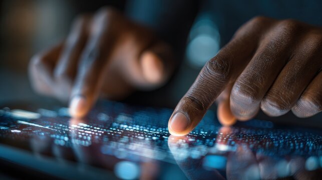 Closeup of hands navigating a touchscreen on a desktop device focusing on adjusting software to optimize touch responsiveness.