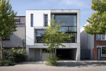 Obraz premium A contemporary house features striking modern architectural design, highlighted by expansive windows that allow ample natural light and overlook lush trees.